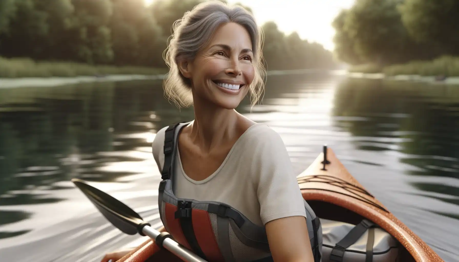 A smiling middle-aged woman in a kayak. The setting is an outdoor water environment, a river or a lake.