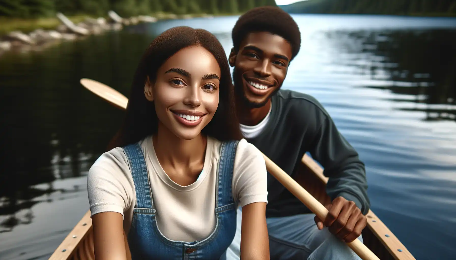 A smiling young Afro-American man and a woman in a canoe. The setting is a calm lake.