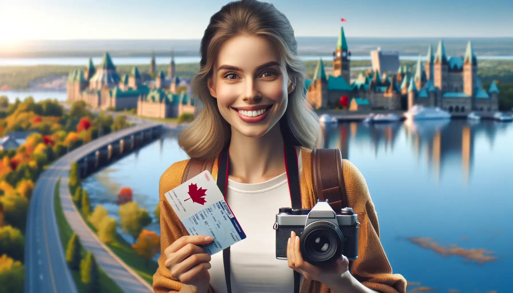 A smiling female tourist in Canada, holding a plane ticket and a camera.