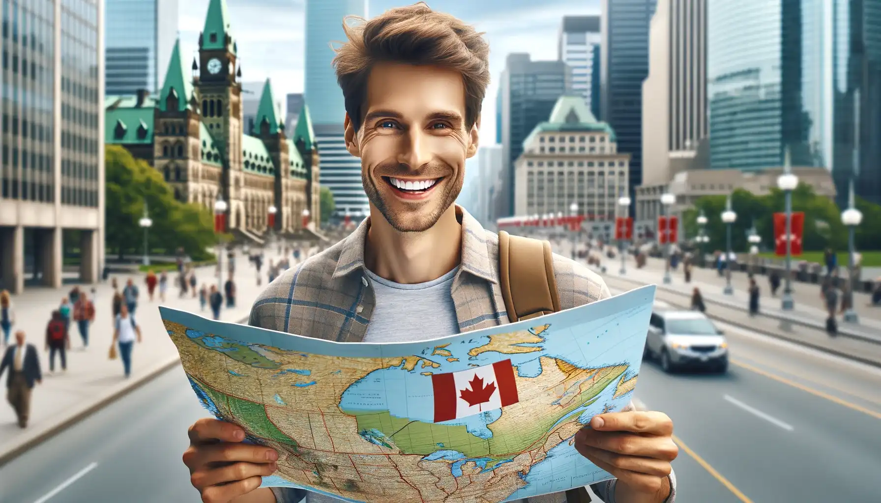 A smiling male tourist in Canada, holding a map.