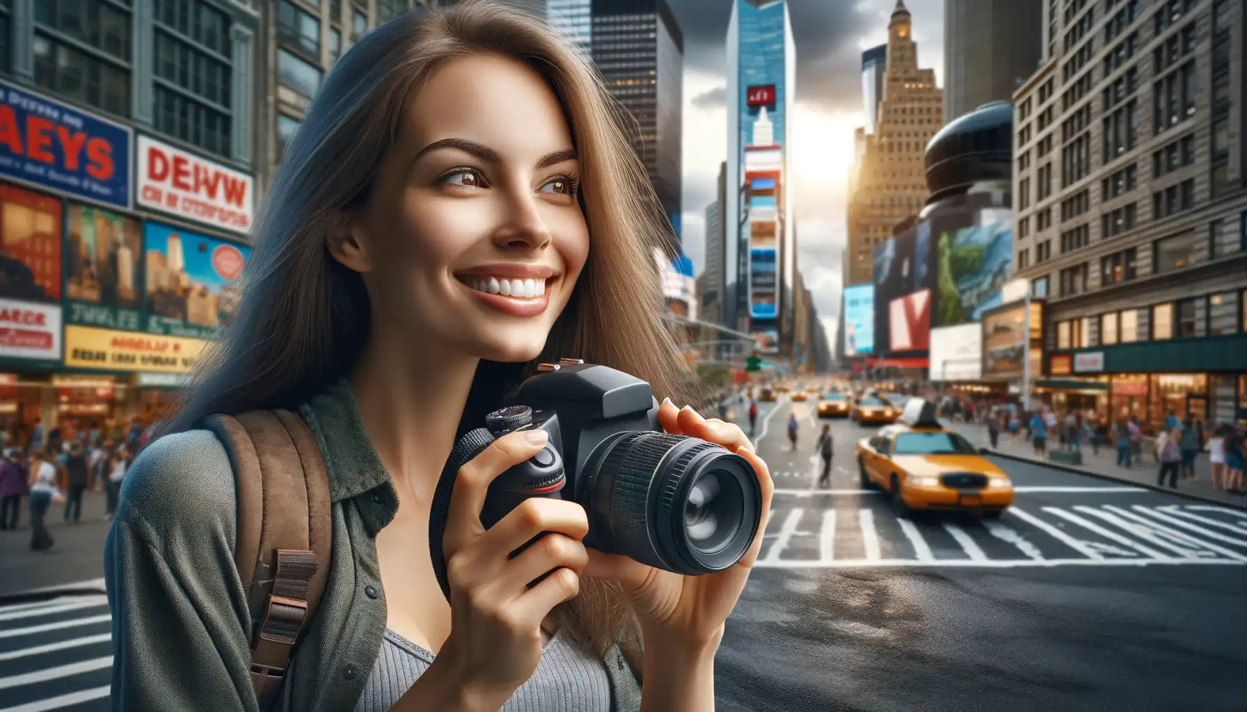 A young female tourist smiling and taking photos in New York, USA. The scene features her capturing the bustling streets of New York, with skyscrapers and the urban cityscape in the background.