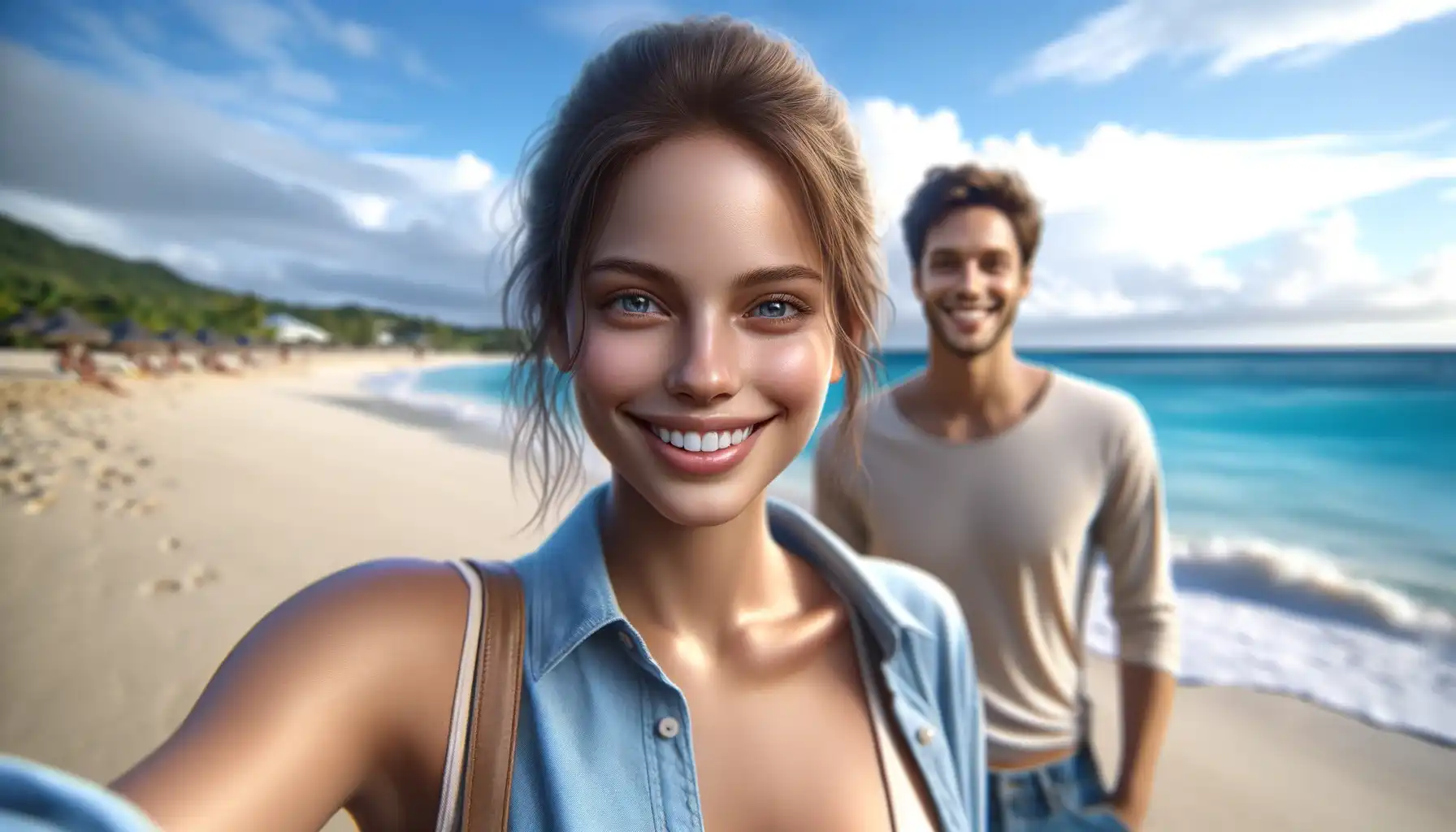Alt: A smiling young woman taking a selfie of herself and a man in casual clothing walking along a beach in Jamaica.