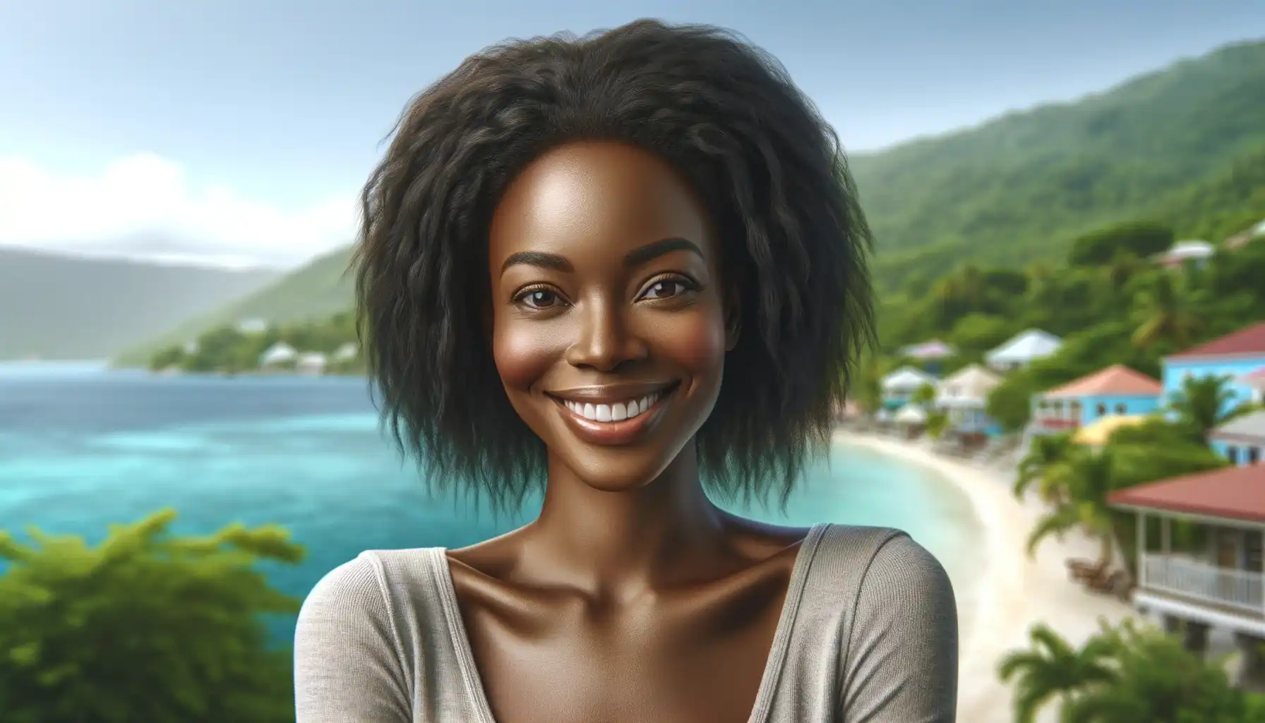 A smiling middle-aged African-American woman in Jamaica. The background features a scenic view of Jamaica, with its lush greenery, vibrant beach, and serene atmosphere.