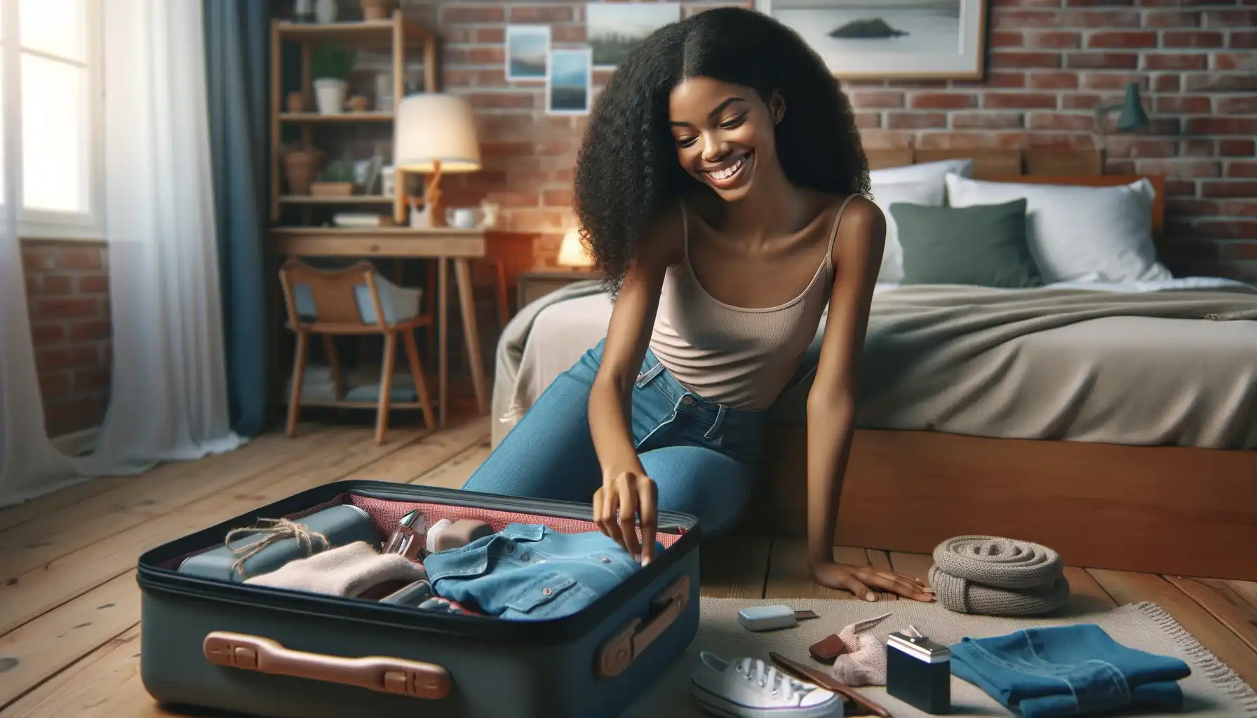 A smiling young black woman packing her suitcase. The scene depicts her in a cozy bedroom, surrounded by travel essentials like clothes, toiletries, and travel gadgets.