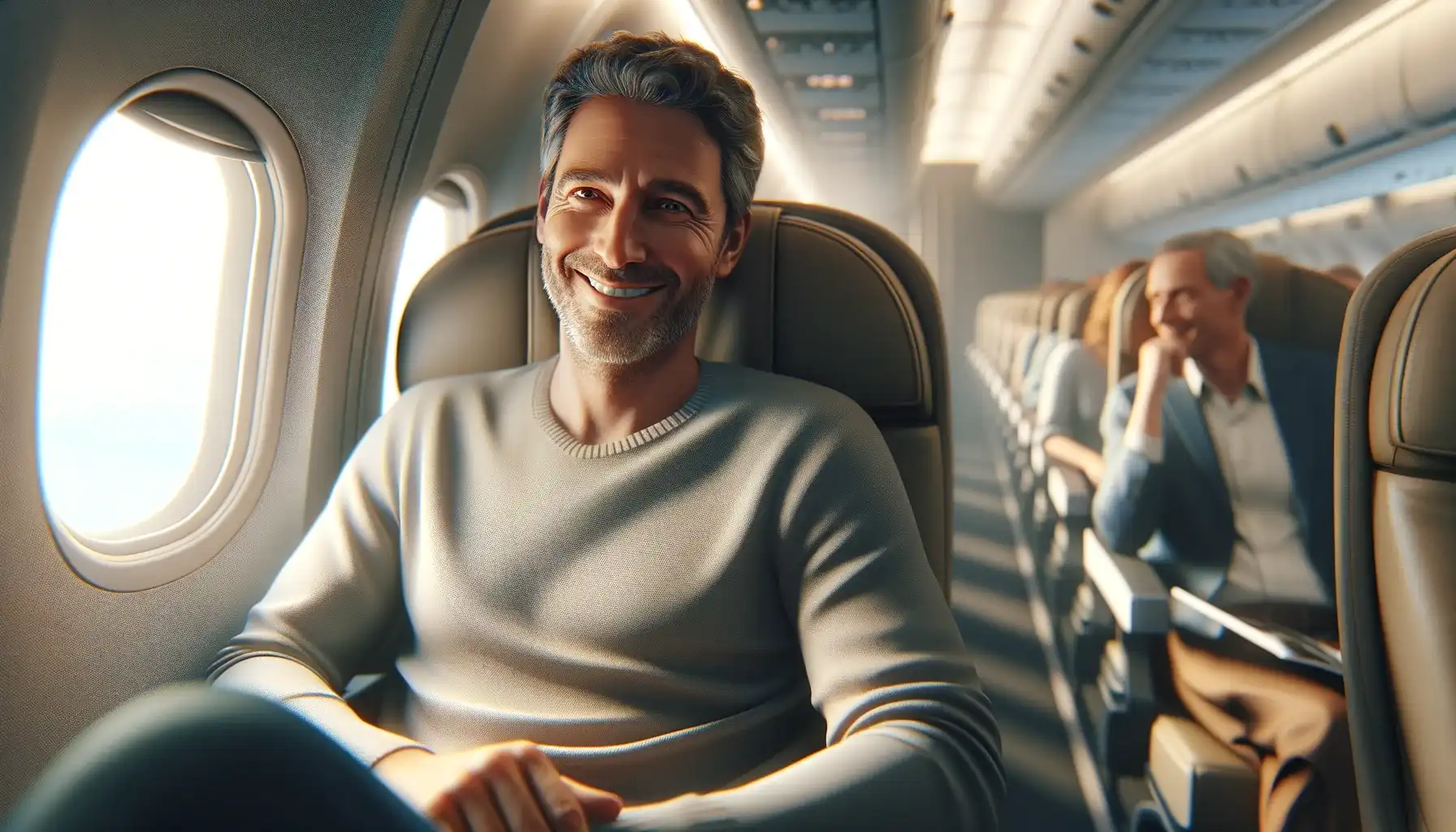 A middle-aged man seated comfortably on an airplane, smiling, with a blurred background of other passengers.