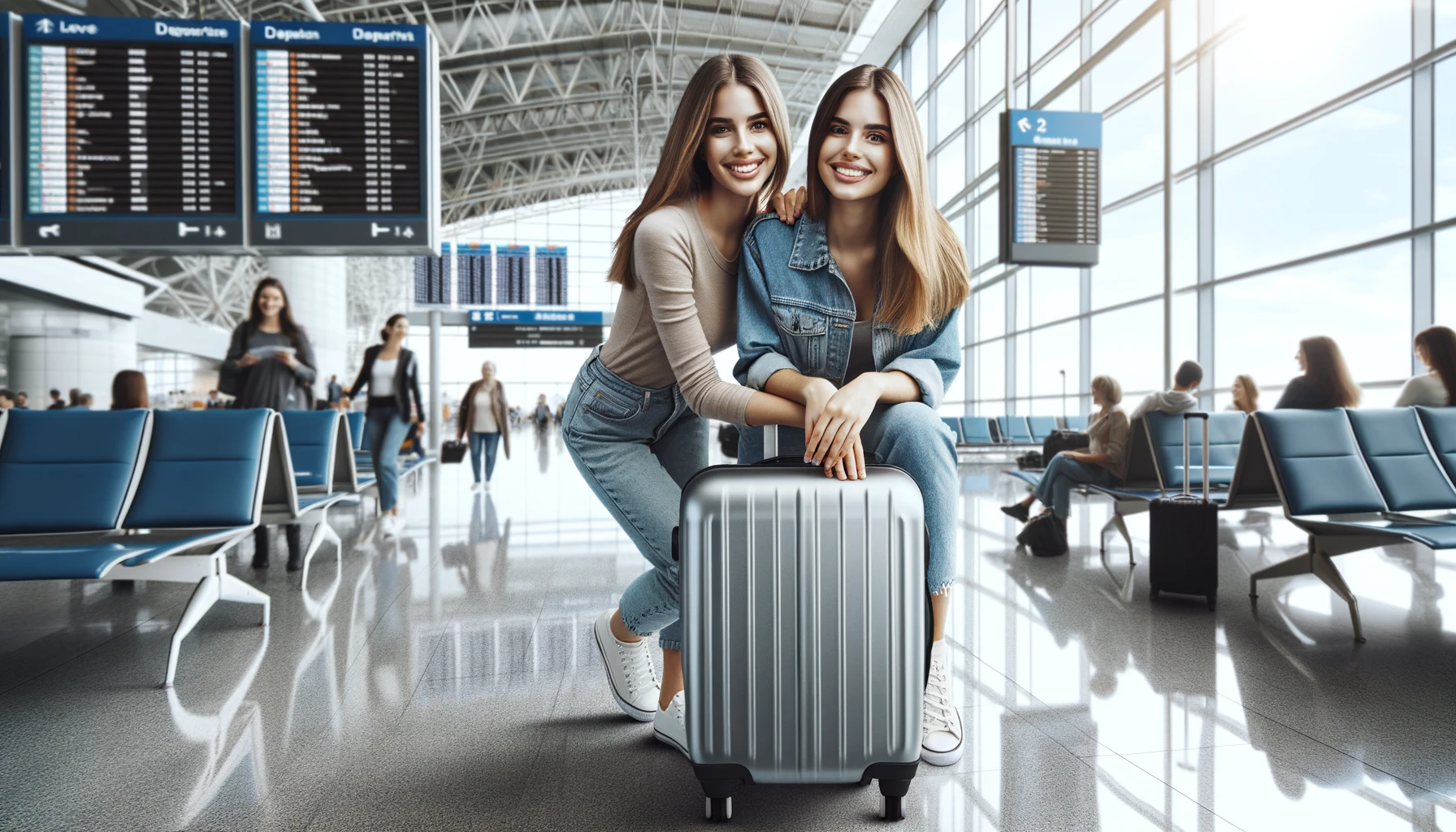 two smiling women with a suitcase at an airport, capturing a moment of excitement and anticipation for their journey ahead