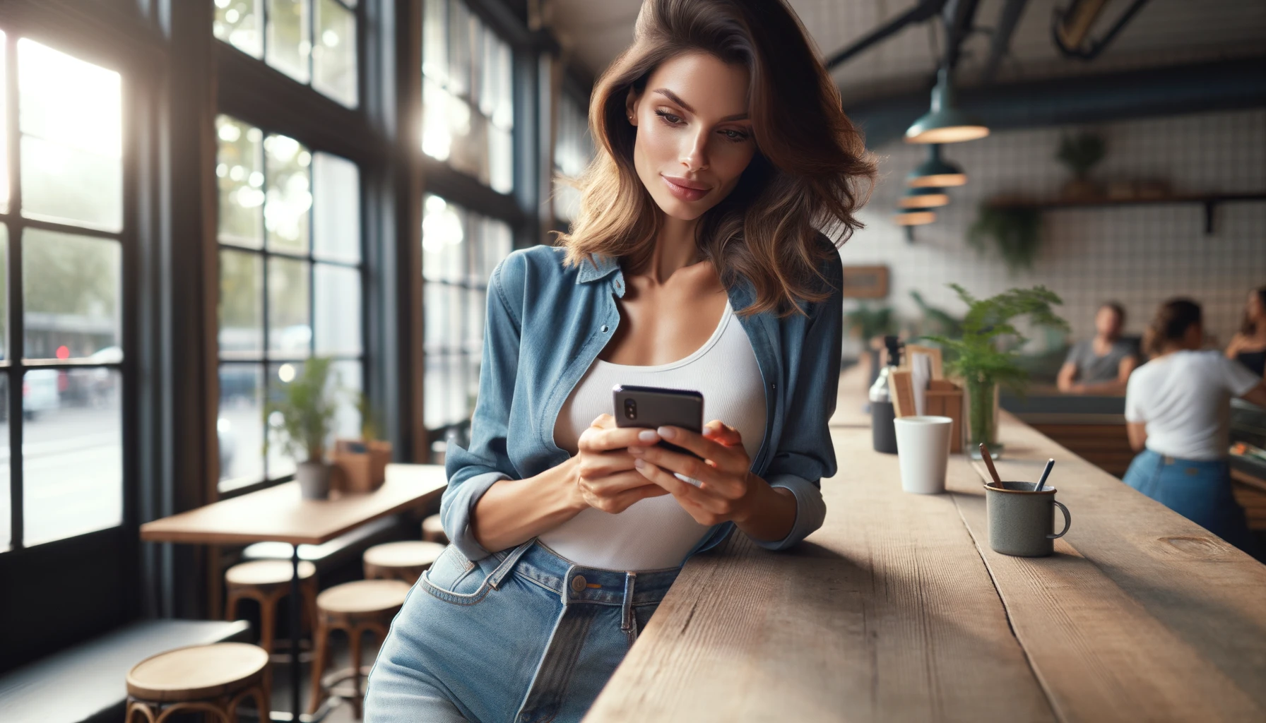 a young woman using an app Phone Locator on her smartphone, depicted in a casual setting.
