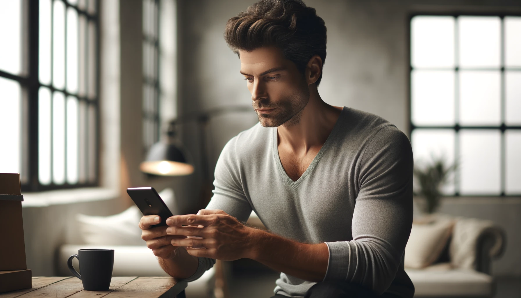 a handsome man using an app Phone Locator on smartphone, depicted in a casual setting.