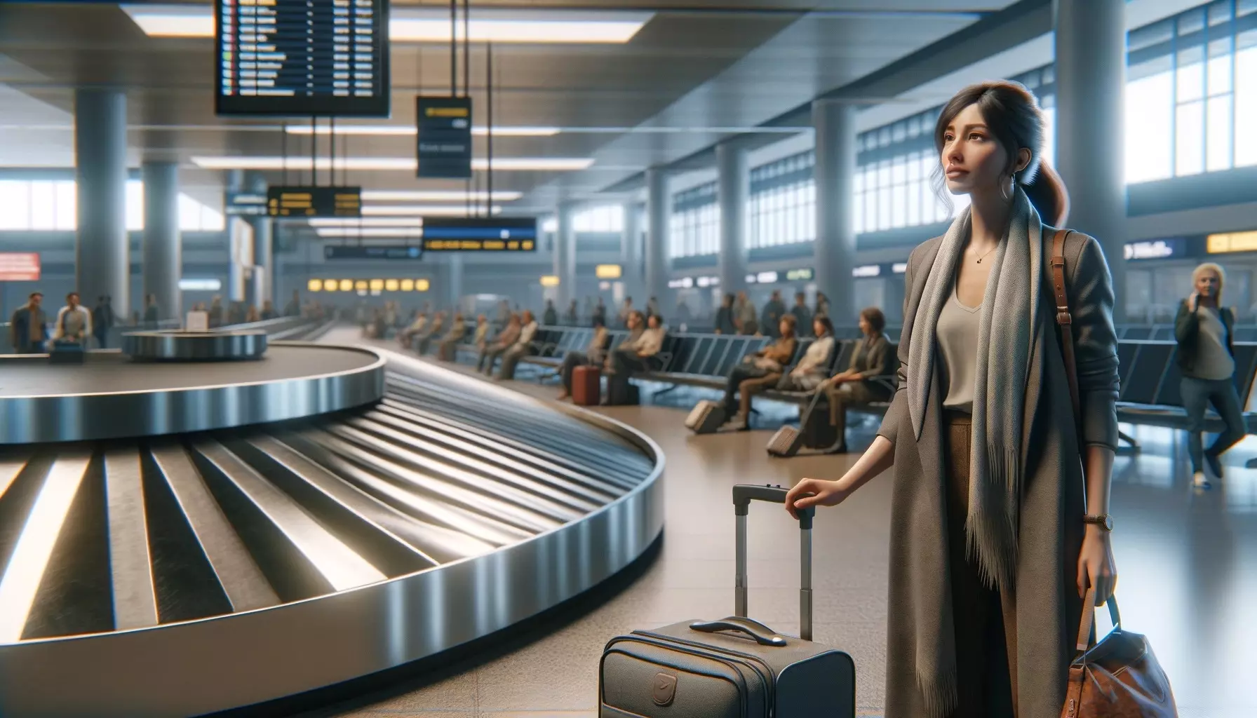 young woman waiting luggage at airport with suitcase in one hand