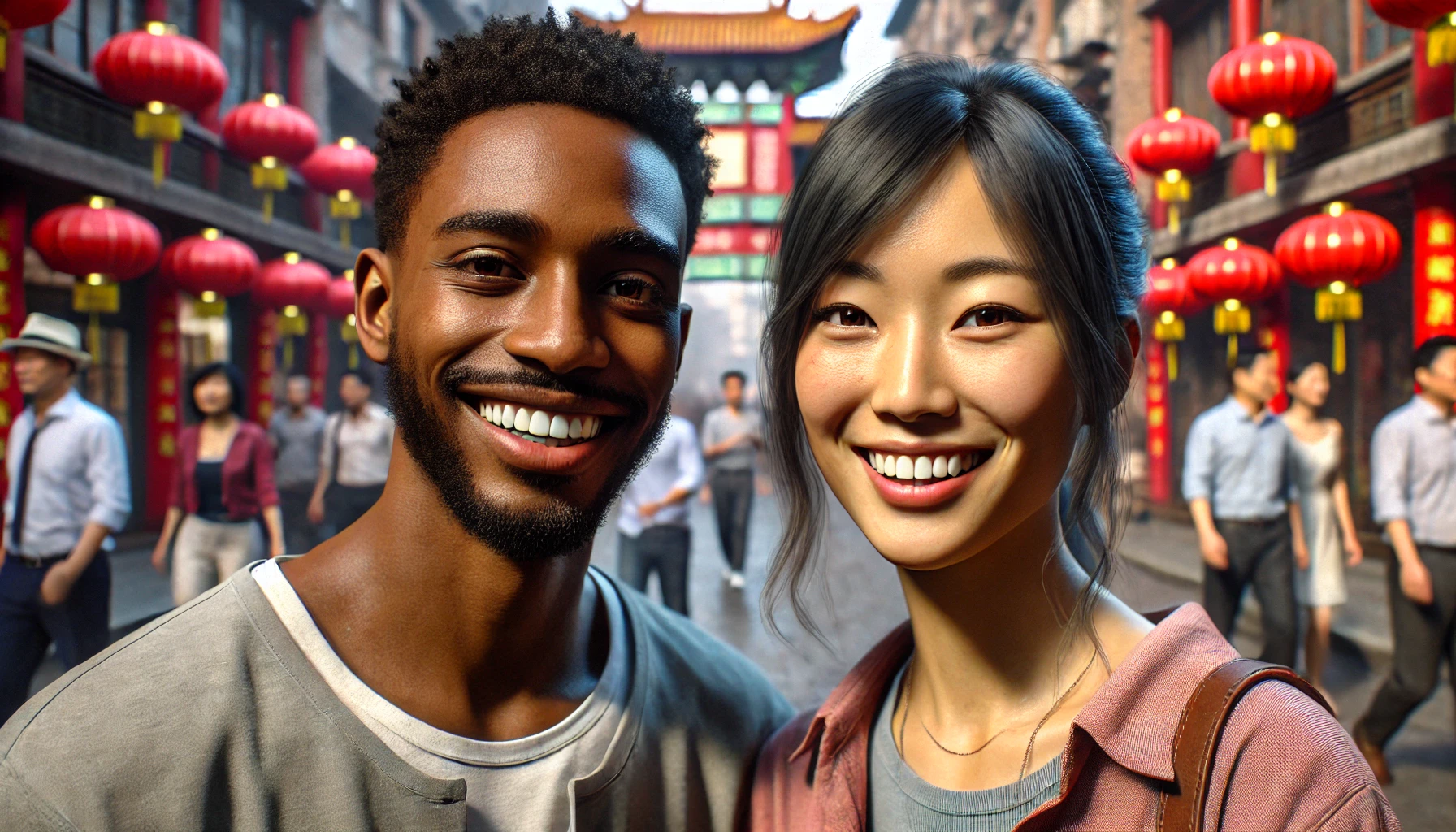 a smiling interracial couple in China in a lively urban environment with traditional red lanterns and storefronts. The man is of African descent, wearing casual clothes, and the woman of Asian descent, wearing modern clothing typical in China.