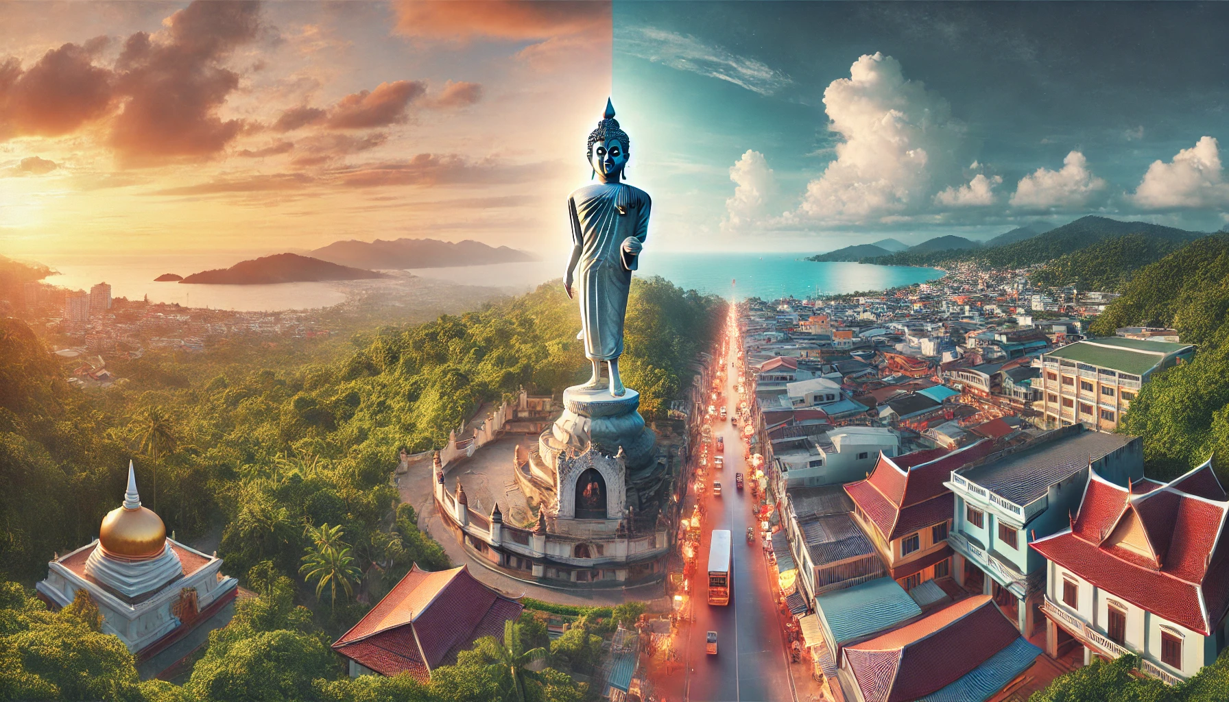 the top attractions of Phuket, Thailand. The first half of the image features the serene Big Buddha statue standing tall on Nakkerd Hill, overlooking the lush green landscape with the Andaman Sea visible in the distance. The statue is glowing under the sunlight, highlighting its intricate details. The second half of the image showcases the vibrant atmosphere of Phuket Old Town, with its charming Sino-Portuguese architecture, colorful facades, and narrow streets filled with quirky cafes, street art, and lively markets
