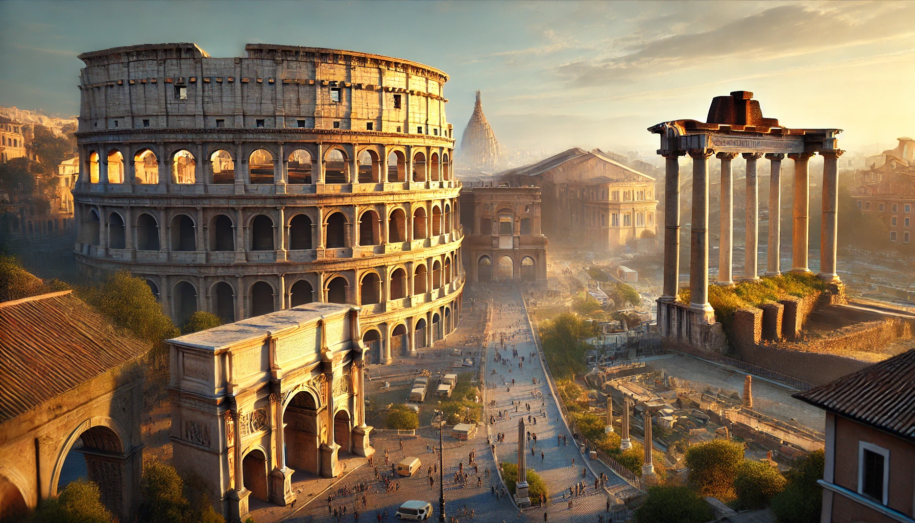 the timeless beauty and grandeur of Rome, focusing on the iconic Colosseum and the Roman Forum