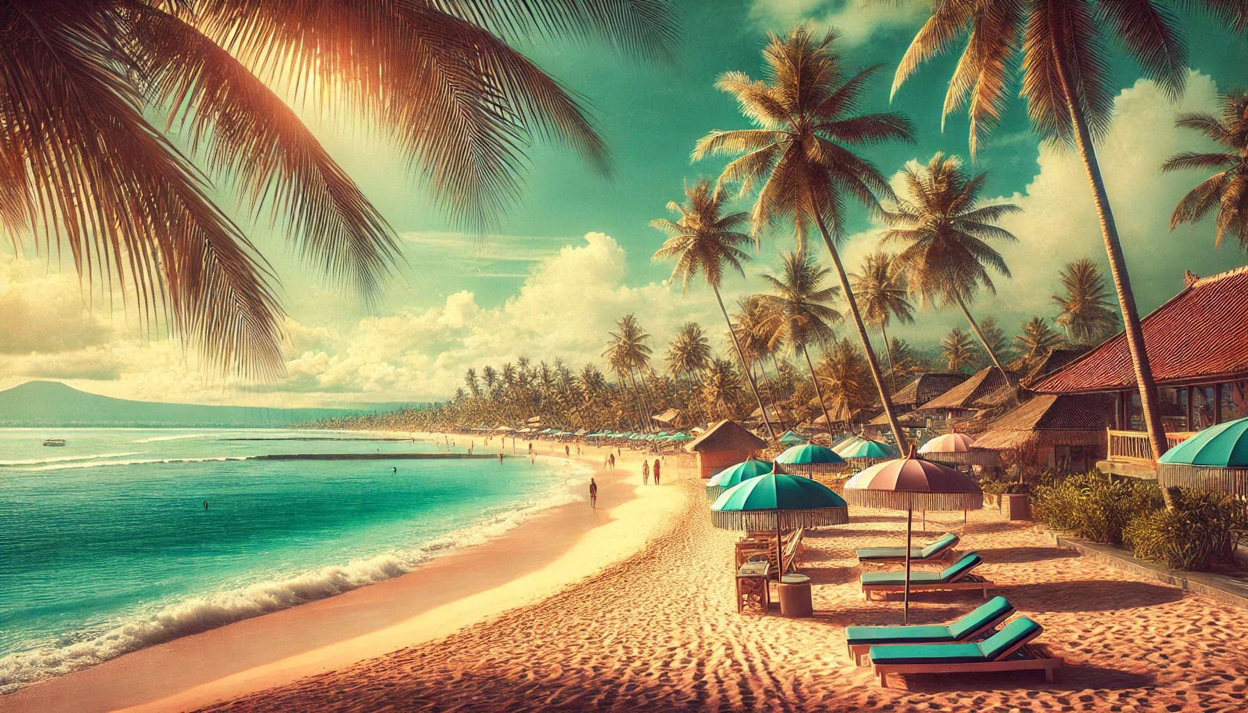 Bali during its dry season, showcasing a serene beach with clear blue skies, calm turquoise waters, and soft white sand.