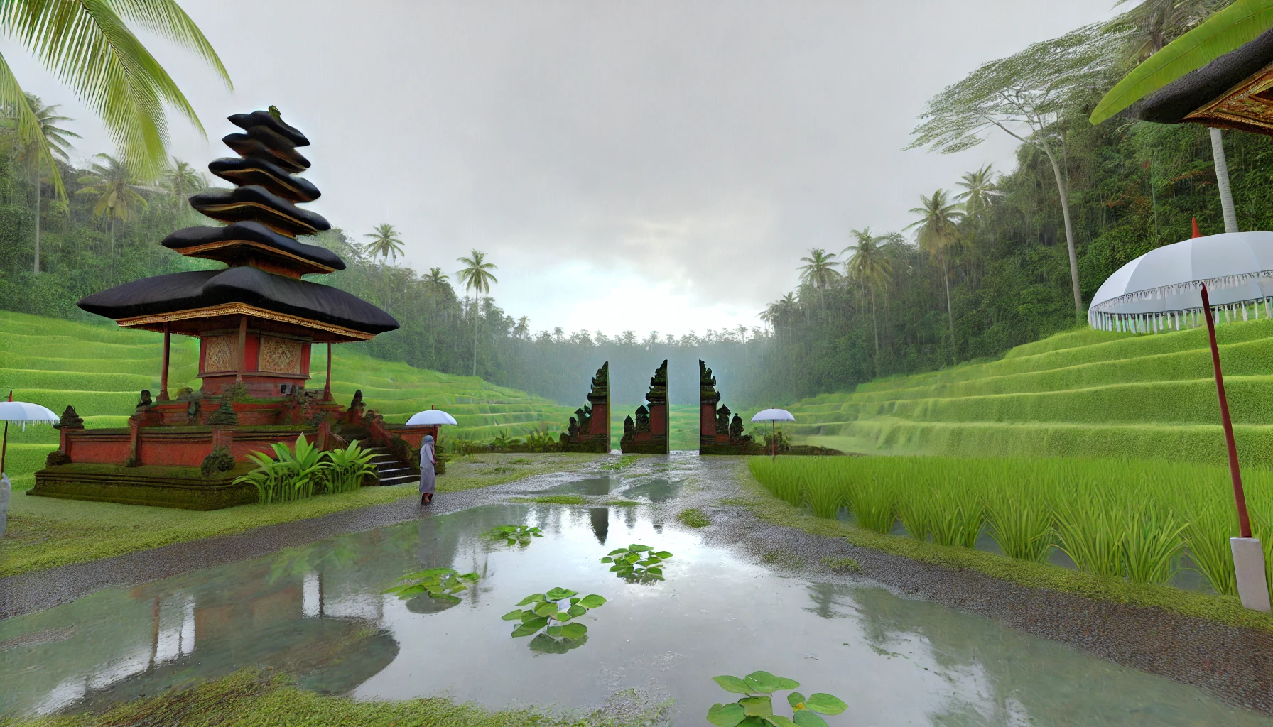 Bali during its rainy season. The scene features a lush, green landscape with dense tropical foliage and vibrant rice terraces.