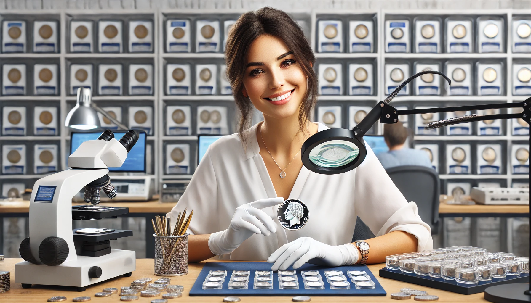 a smiling woman working at a coin grading service. She is examining a coin under a magnifying glass, wearing white gloves for precision. The desk is equipped with grading tools, coin holders, and a catalog. 