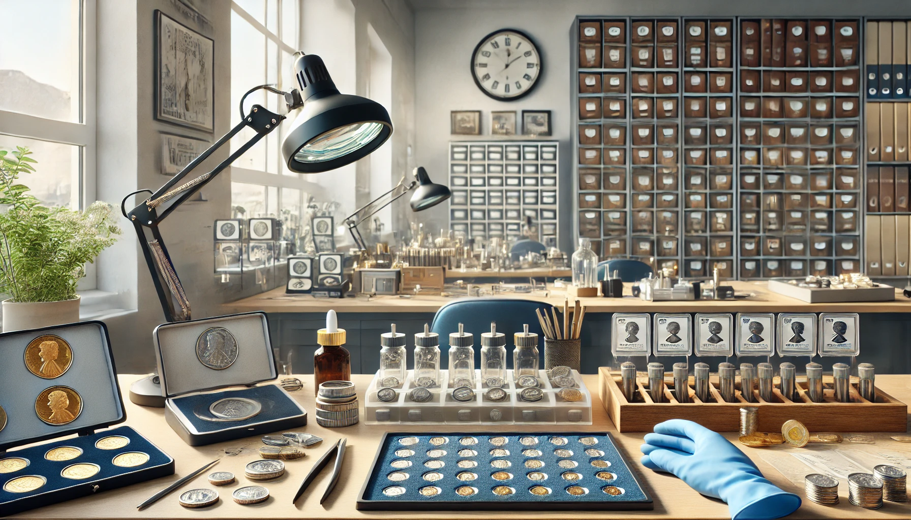 a modern, well-organized interior with grading equipment, magnifying glasses, gloves, and coin holders arranged neatly on a workbench. 