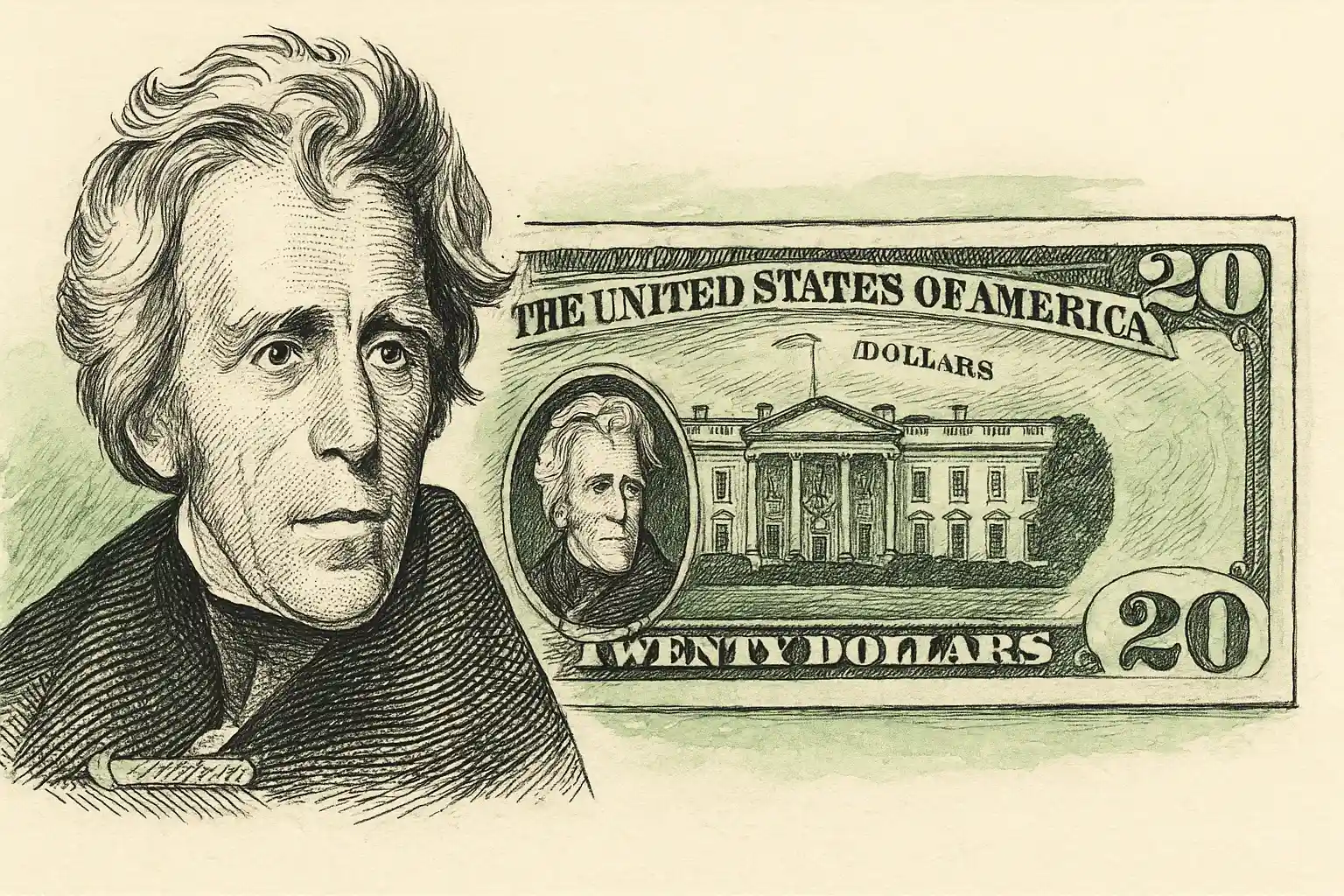  A portrait of Andrew Jackson and a $20 bill.