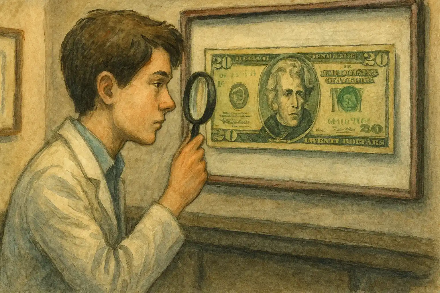 A student observes an old $20 bill.
