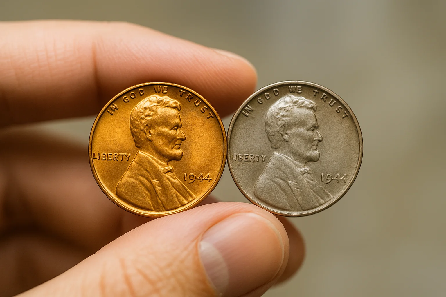 Two 1944 pennies — one bronze and one steel — are held side by side to show the clear difference in metal composition and color.